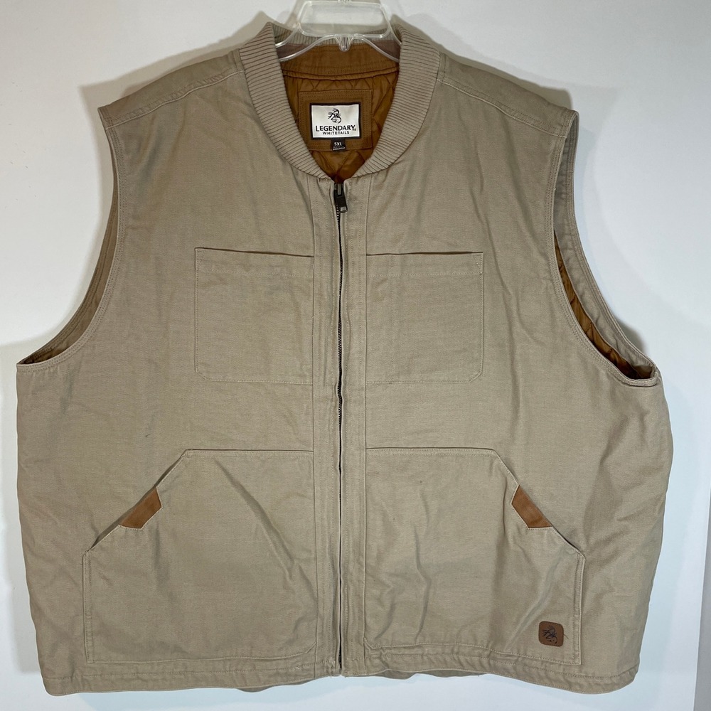 Legendary Whitetails Mens 5XL Khaki Tan Canvas Quilted Lined Work Vest Full Zip